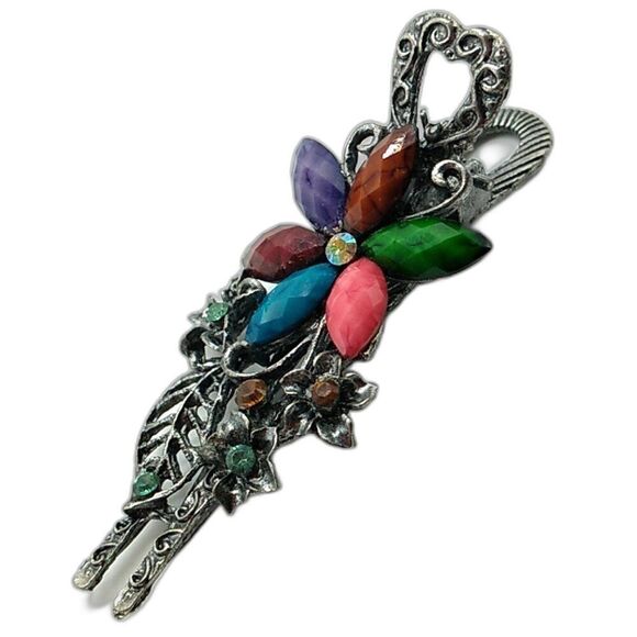 Vintage Crystal Floral Silver-tone Dark Antiqued Hair Clip 3" - Picture 1 of 6
